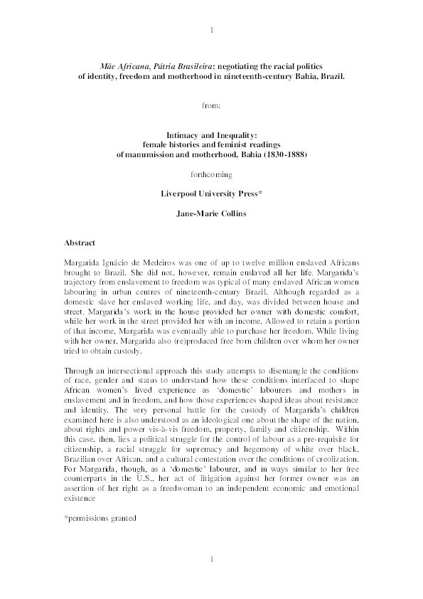 Mãe Africana, Pátria Brasileira: negotiating the racial politics of identity, freedom and motherhood in nineteenth-century Bahia, Brazil Thumbnail