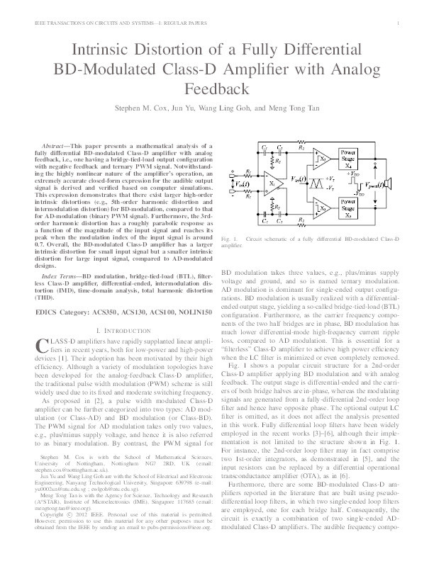 Intrinsic distortion of a fully differential BD-modulated Class-D amplifier with analog feedback Thumbnail