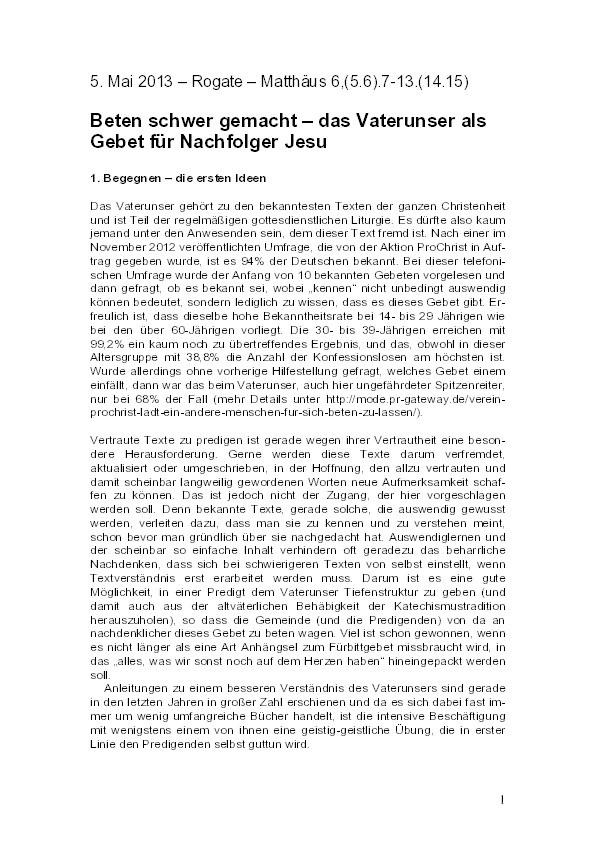 Predigtmeditation zum Vaterunser für den Sonntag Rogate 2013 / Sermon preparation on the Lord's Prayer (Matt 6:7-15) Thumbnail