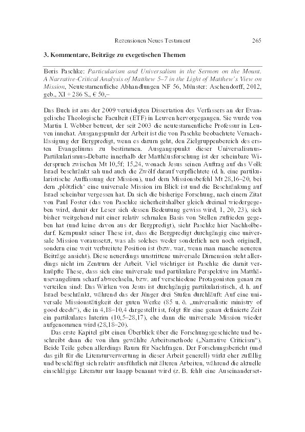 Review of/Rezension: Boris Paschke, Particularism and universalism in the Sermon on the Mount: a narrative-critical analysis of Matthew 5-7 in the light of Matthew's view on mission, Neutestamentliche Abhandlungen 56, Münster: Aschendorff, 2012 Thumbnail