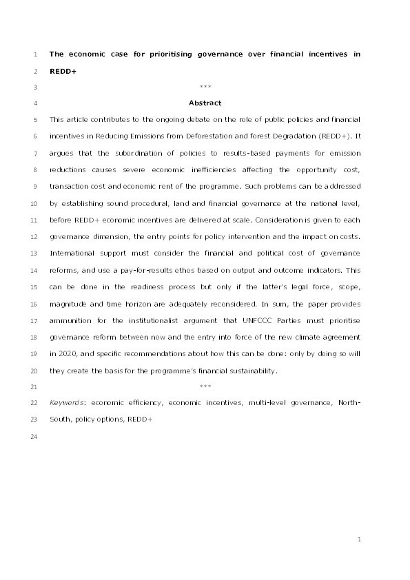 The economic case for prioritizing governance over financial incentives in REDD+ Thumbnail