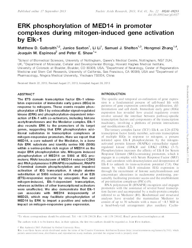 ERK phosphorylation of MED14 in promoter complexes during mitogen-induced gene activation by Elk-1 Thumbnail