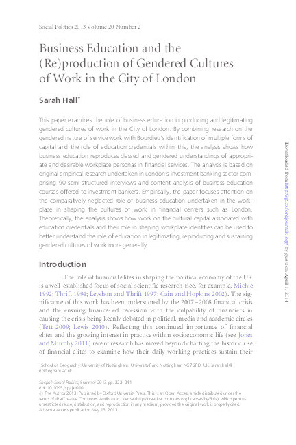 Business education and the (re)production of gendered cultures of work in the City of London Thumbnail