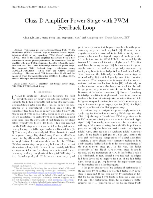 Class D amplifier power stage with PWM feedback loop Thumbnail