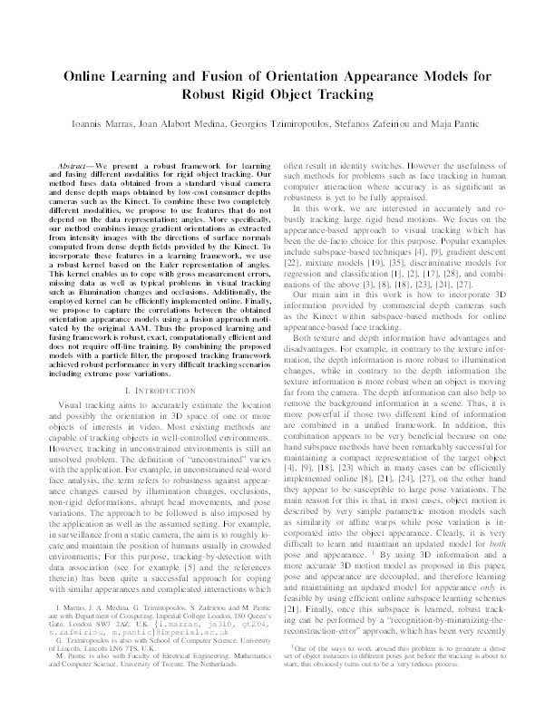 Online learning and fusion of orientation appearance models for robust rigid object tracking Thumbnail