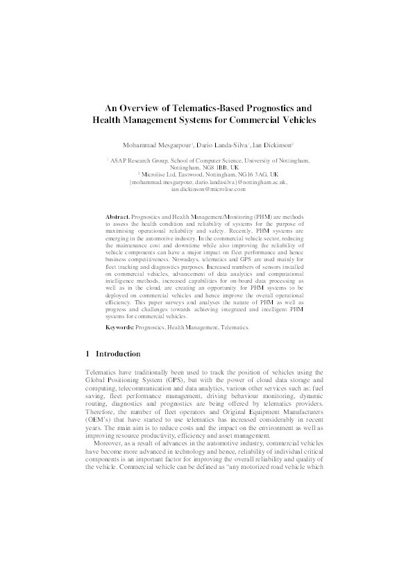 Overview of telematics-based prognostics and health management systems for commercial vehicles Thumbnail