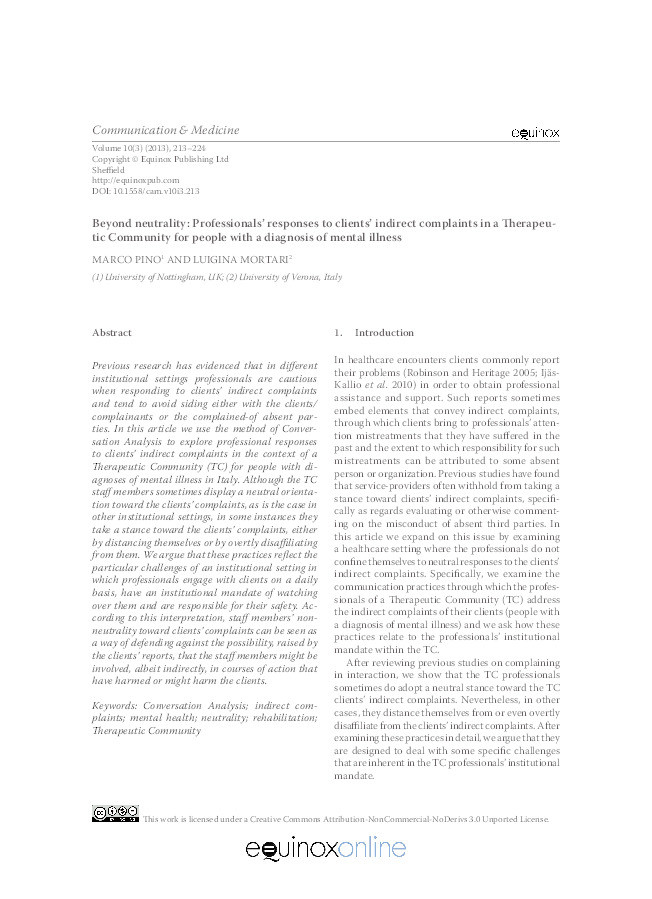 Beyond neutrality: professionals’ responses to clients’ indirect complaints in a Therapeutic Community for people with a diagnosis of mental illness Thumbnail