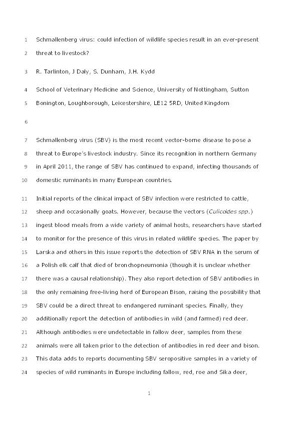 Schmallenberg virus: could infection of wildlife species result in an ever-present threat to livestock? Thumbnail