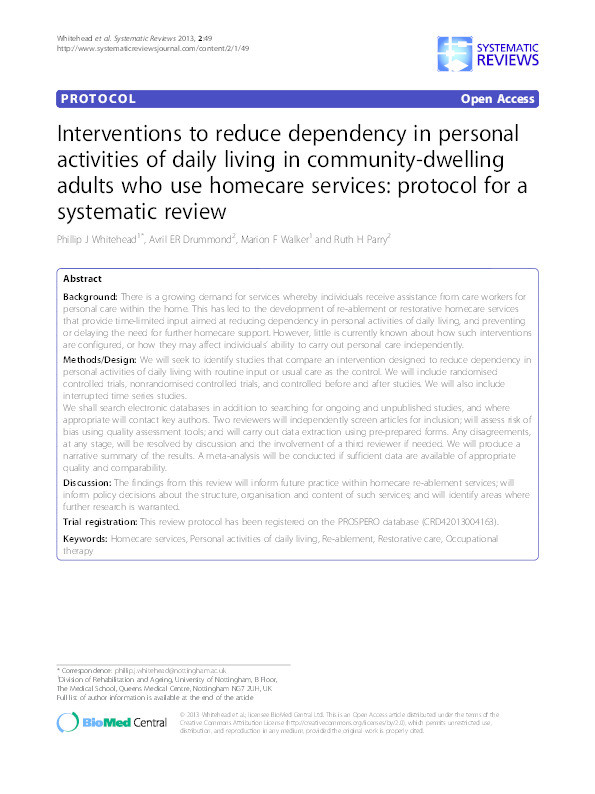 Interventions to reduce dependency in personal activities of daily living in community-dwelling adults who use homecare services: protocol for a systematic review Thumbnail