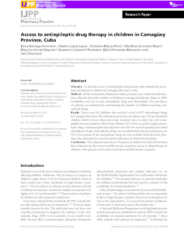 Access to antiepileptic drug therapy in children in Camagüey Province, Cuba Thumbnail