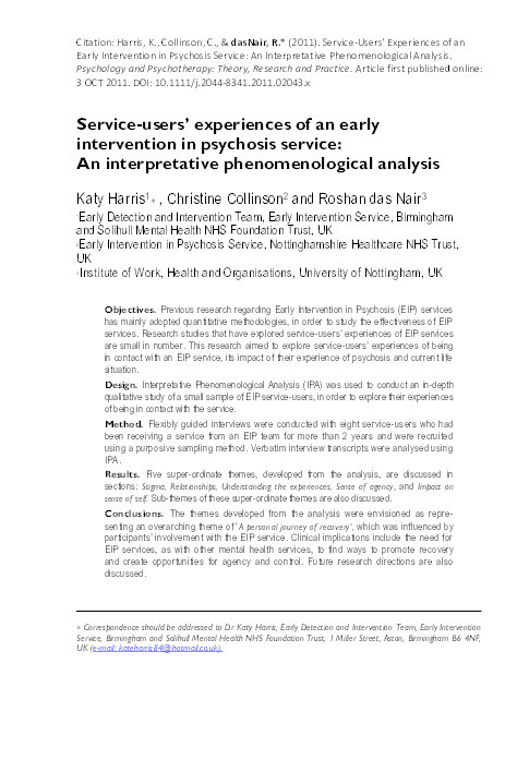 Service-users’ experiences of an early intervention in psychosis service: an interpretative phenomenological analysis Thumbnail