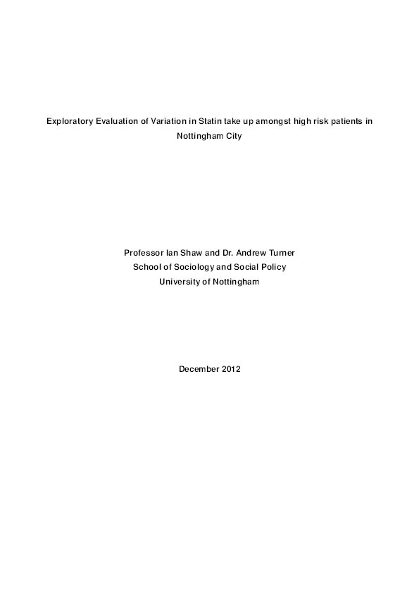 Exploratory evaluation of variation in statin take up amongst high risk patients in Nottingham City Thumbnail