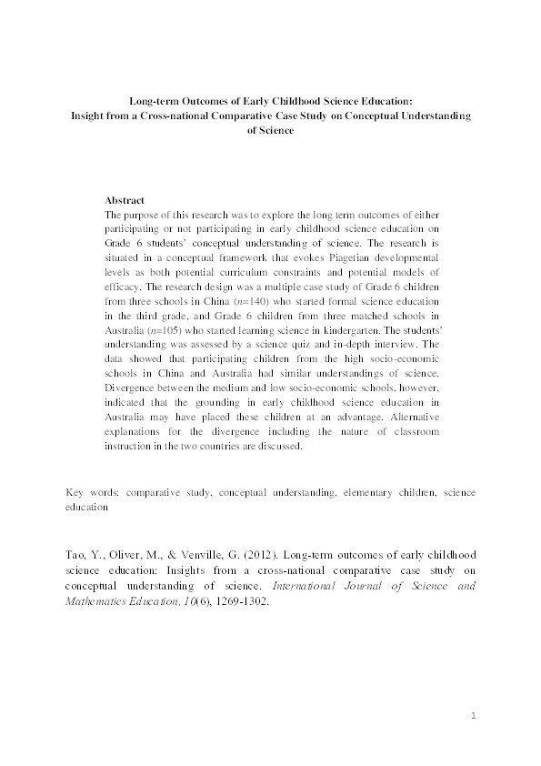 Long-term outcomes of early childhood science education: insight from a cross-national comparative case study on conceptual understanding of science Thumbnail