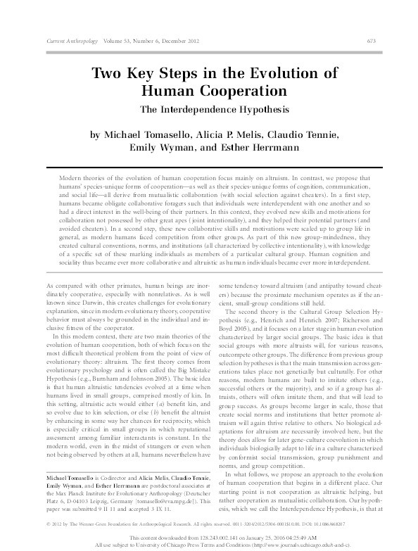 Two key steps in the evolution of human cooperation: the interdependence hypothesis Thumbnail