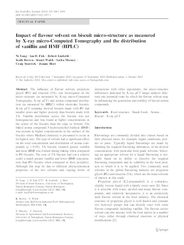 Impact of flavour solvent on biscuit micro-structure as measured by X-ray micro-computed tomography and the distribution of vanillin and HMF (HPLC) Thumbnail