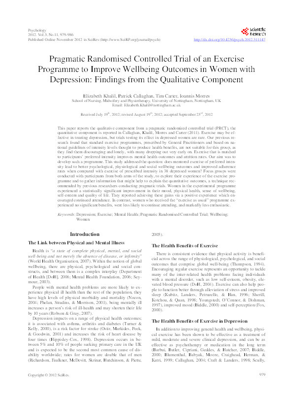 Pragmatic randomised controlled trial of an exercise programme to improve wellbeing outcomes in women with depression: findings from the qualitative component Thumbnail