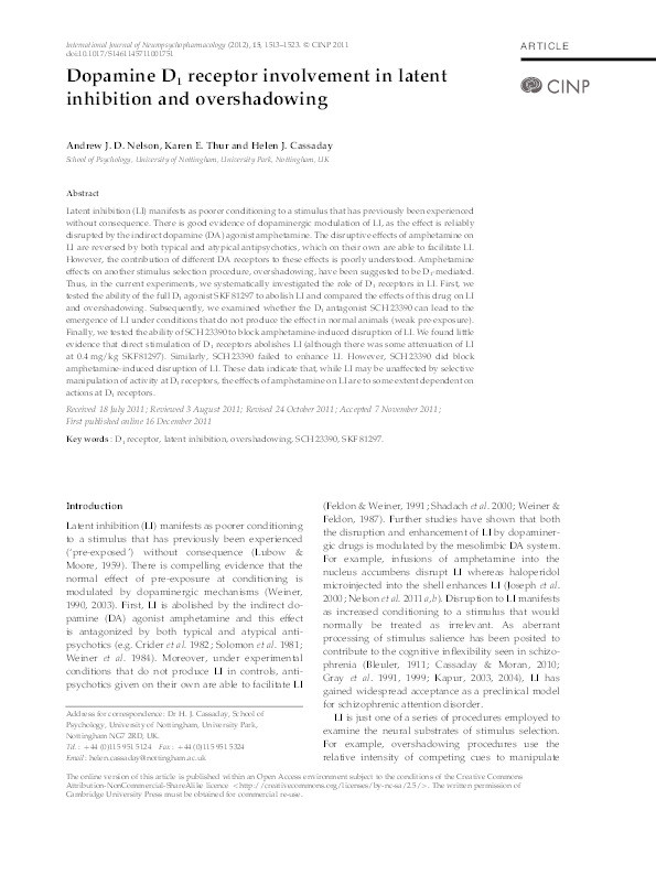 Dopamine D1 receptor involvement in latent inhibition and overshadowing Thumbnail