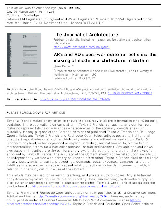 AR's and AD's post-war editorial policies: the making of modern architecture in Britain Thumbnail