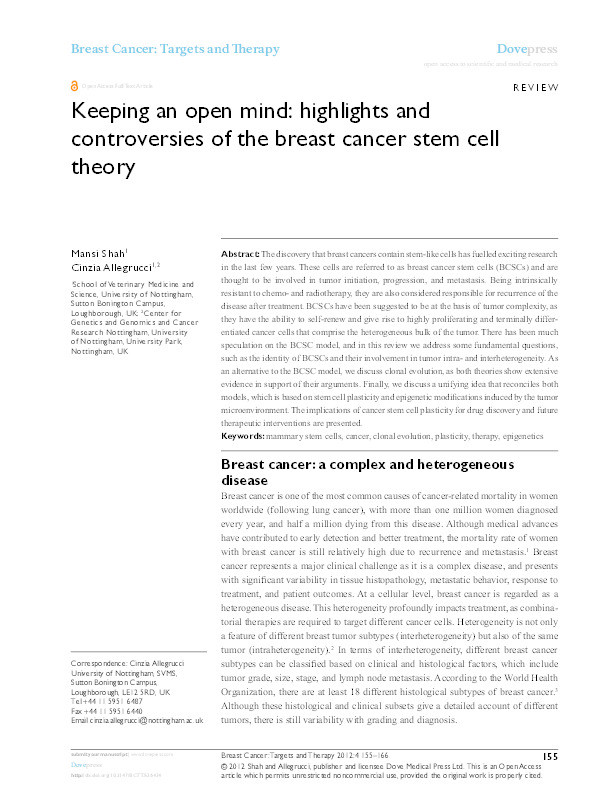 Keeping an open mind: highlights and controversies of the breast cancer stem cell theory Thumbnail