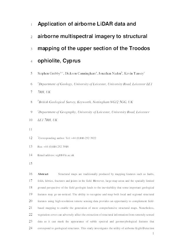 Application of airborne LiDAR data and airborne multispectral imagery to structural mapping of the upper section of the Troodos ophiolite, Cyprus Thumbnail