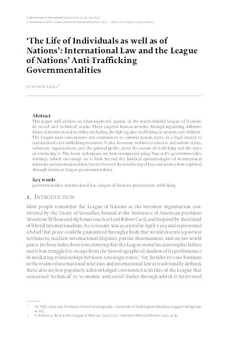 'The life of individuals as well as of nations': international law and the League of Nations' anti-trafficking governmentalities Thumbnail