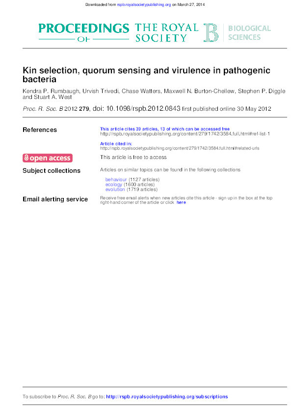 Kin selection, quorum sensing and virulence in pathogenic bacteria Thumbnail