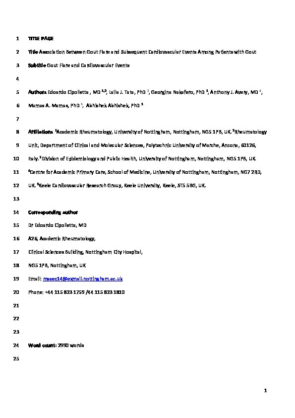 Association between Gout Flare and Subsequent Cardiovascular Events among Patients with Gout Thumbnail
