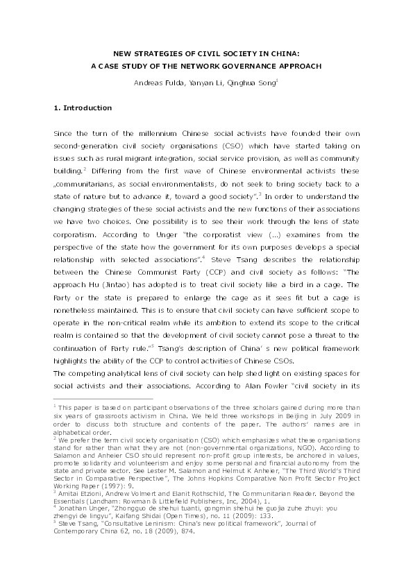 New strategies of civil society in China: a case study of the network governance approach Thumbnail