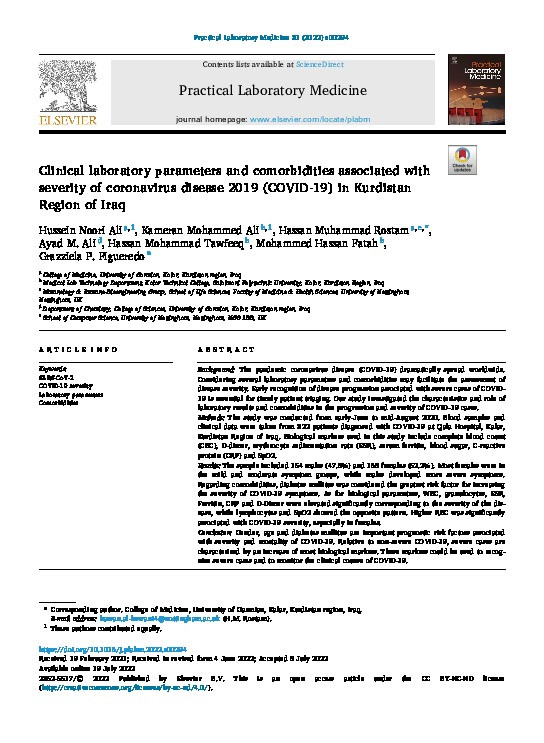Clinical laboratory parameters and comorbidities associated with severity of coronavirus disease 2019 (COVID-19) in Kurdistan Region of Iraq Thumbnail