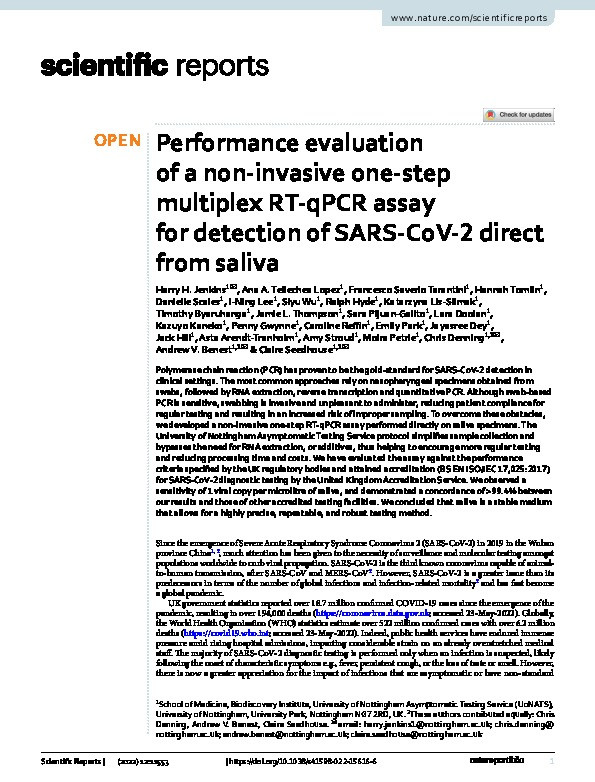 Performance evaluation of a non-invasive one-step multiplex RT-qPCR assay for detection of SARS-CoV-2 direct from saliva Thumbnail