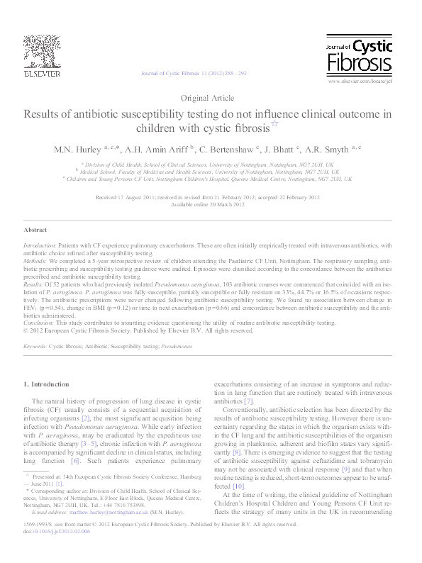 Results of antibiotic susceptibility testing do not influence clinical outcome in children with cystic fibrosis Thumbnail