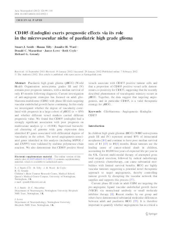 CD105 (Endoglin) exerts prognostic effects via its role
in the microvascular niche of paediatric high grade glioma Thumbnail