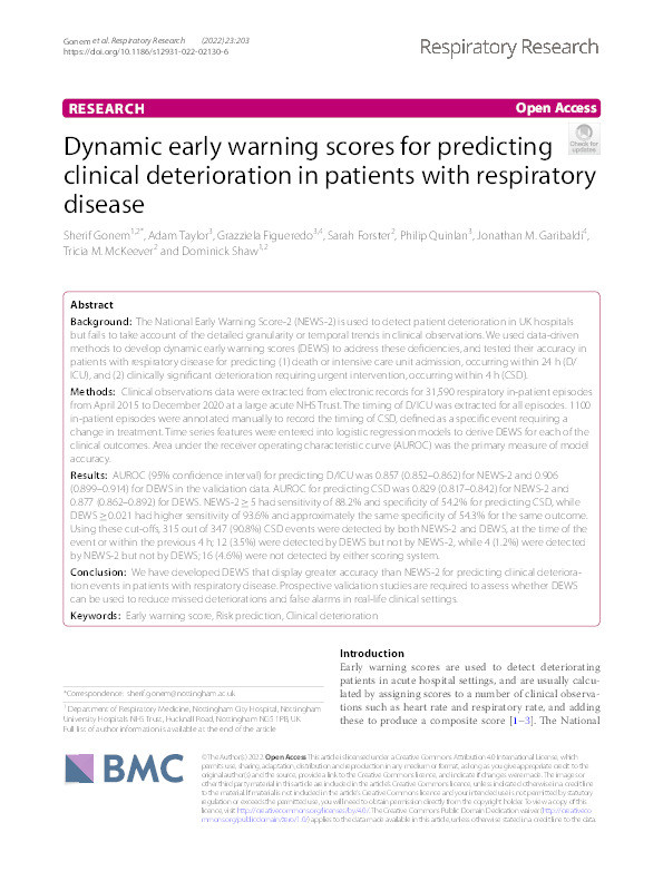 Dynamic early warning scores for predicting clinical deterioration in patients with respiratory disease Thumbnail