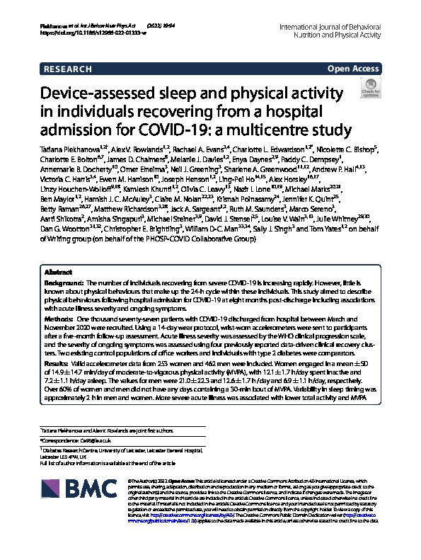 Device-assessed sleep and physical activity in individuals recovering from a hospital admission for COVID-19: a multicentre study Thumbnail