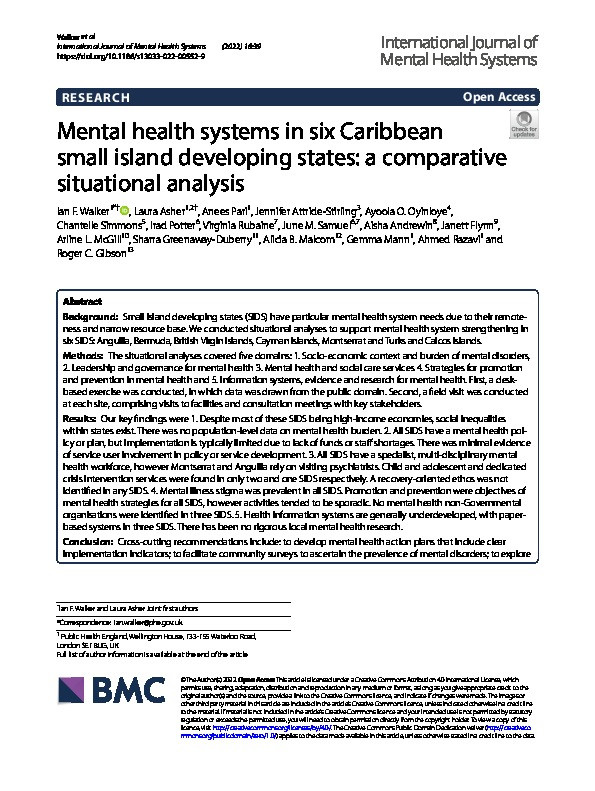 Mental health systems in six Caribbean small island developing states: a comparative situational analysis Thumbnail