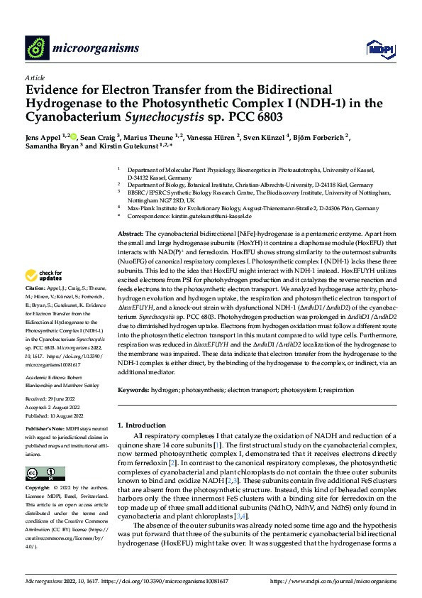 Evidence for Electron Transfer from the Bidirectional Hydrogenase to the Photosynthetic Complex I (NDH-1) in the Cyanobacterium Synechocystis sp. PCC 6803 Thumbnail