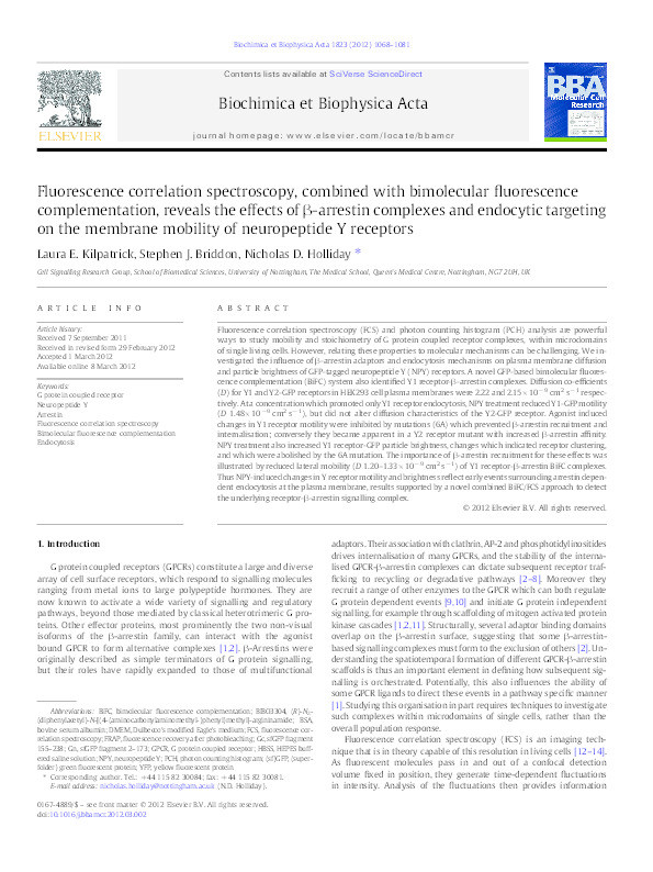 Fluorescence correlation spectroscopy, combined with bimolecular fluorescence complementation, reveals the effects of β-arrestin complexes and endocytic targeting on the membrane mobility of neuropeptide Y receptors Thumbnail