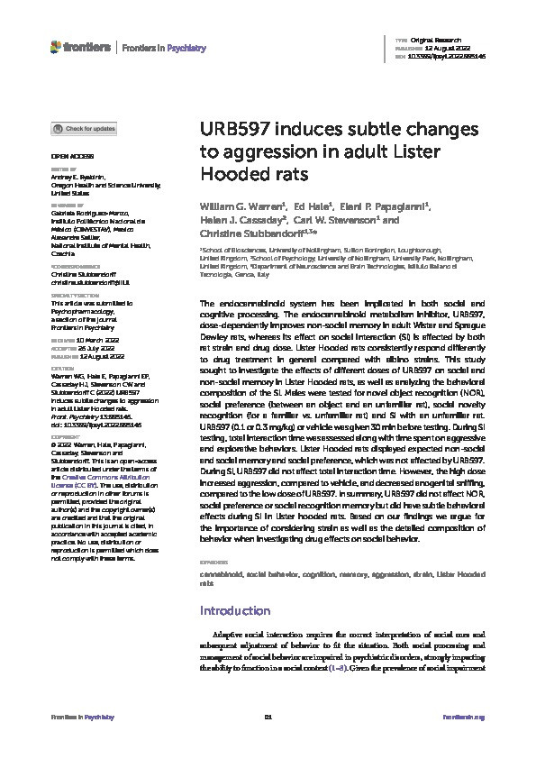 URB597 induces subtle changes to aggression in adult Lister Hooded rats Thumbnail
