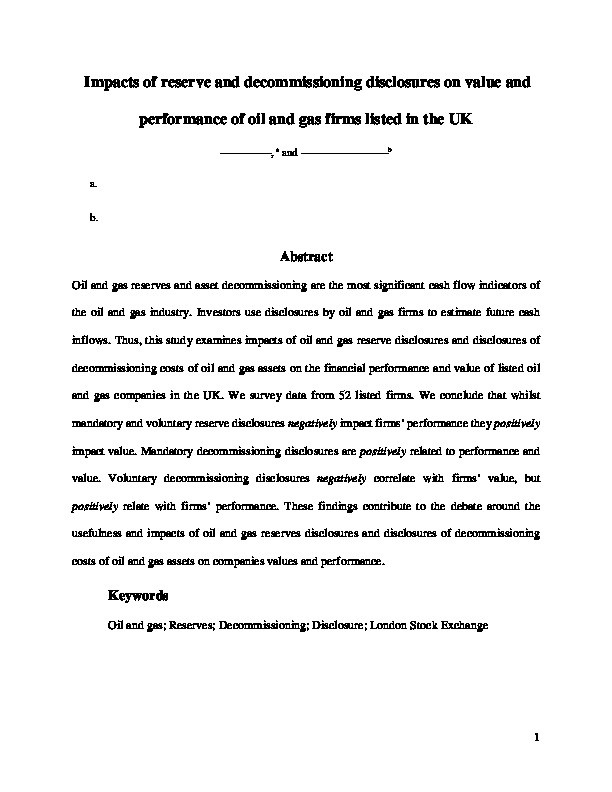 Impacts of reserve and decommissioning disclosures on value and performance of oil and gas firms listed in the UK Thumbnail