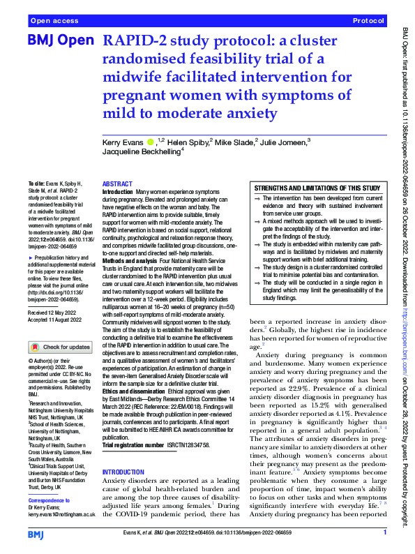 RAPID-2 study protocol: a cluster randomised feasibility trial of a midwife facilitated intervention for pregnant women with symptoms of mild to moderate anxiety Thumbnail