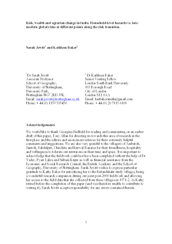 Risk, wealth and agrarian change in India: household-level hazards vs. late-modern global risks at different points along the risk transition Thumbnail