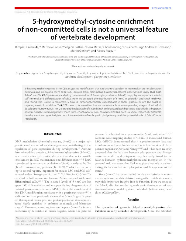 5-hydroxymethyl-cytosine enrichment of non-committed cells is not a universal feature of vertebrate development Thumbnail