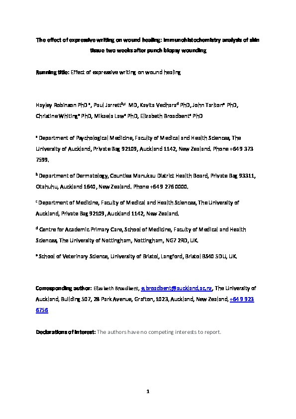 The effect of expressive writing on wound healing: Immunohistochemistry analysis of skin tissue two weeks after punch biopsy wounding Thumbnail