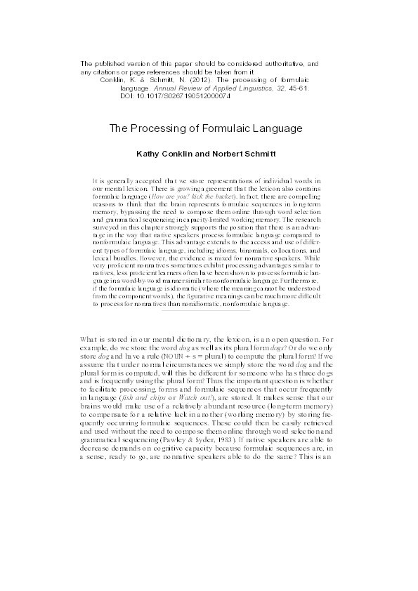 The processing of formulaic language Thumbnail