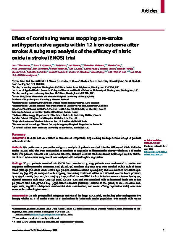 Effect of continuing versus stopping pre-stroke antihypertensive agents within 12h on outcome after stroke: A subgroup analysis of the efficacy of nitric oxide in stroke (ENOS) trial Thumbnail