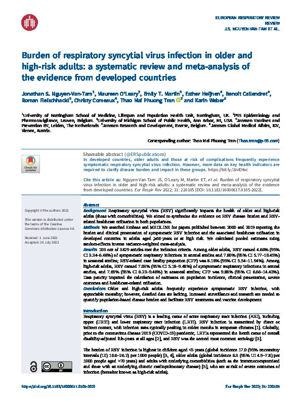 Burden of respiratory syncytial virus infection in older and high-risk adults: a systematic review and meta-analysis of the evidence from developed countries Thumbnail