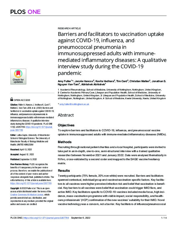 Barriers and facilitators to vaccination uptake against COVID-19, influenza, and pneumococcal pneumonia in immunosuppressed adults with immune-mediated inflammatory diseases: A qualitative interview study during the COVID-19 pandemic Thumbnail