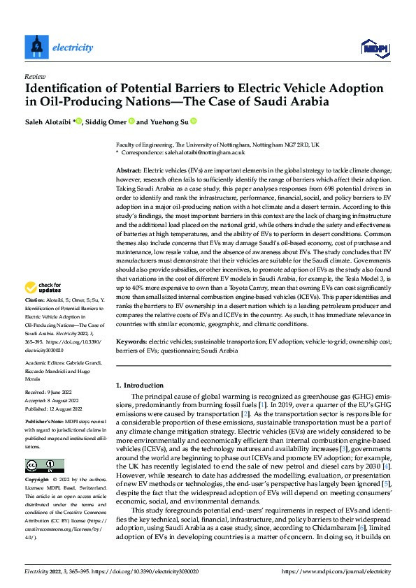 Identification of Potential Barriers to Electric Vehicle Adoption in Oil-Producing Nations—The Case of Saudi Arabia Thumbnail