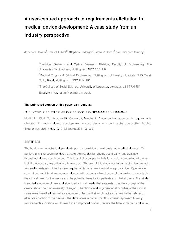 A user-centred approach to requirements elicitation in medical device development: a case study from an industry perspective Thumbnail