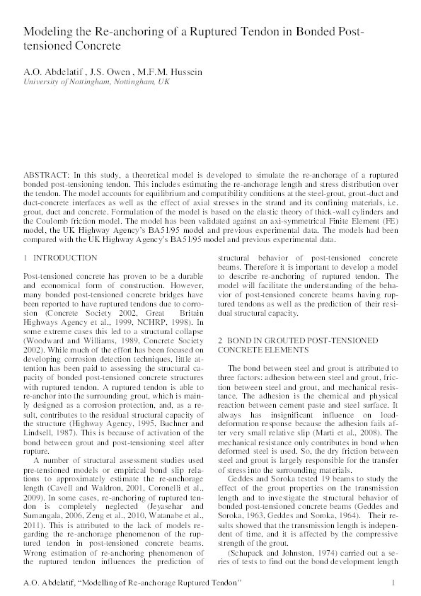 Modeling the re-anchoring of a ruptured tendon in bonded post-tensioned concrete Thumbnail